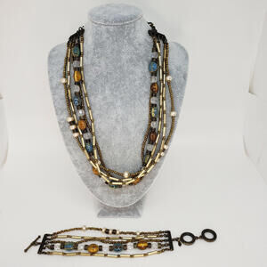 Antiqued Gold Metal Multi Strand Beaded Necklace & Bracelet Adjustable Precious